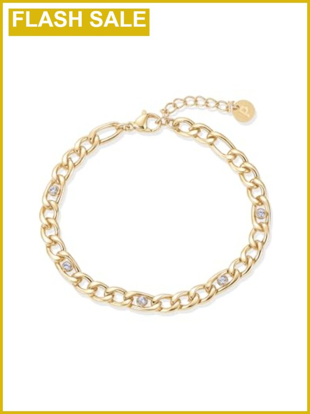 14K Gold Plated Curb Chain Bracelet Waterproof Stainless Steel CZ